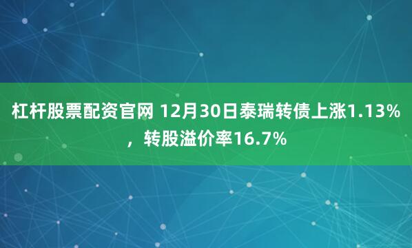 杠杆股票配资官网 12月30日泰瑞转债上涨1.13%，转股溢价率16.7%